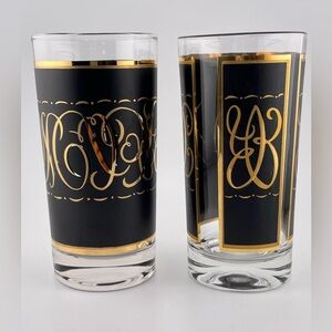 Vintage MCM Black & Gold 12 oz Hi-Ball Drinking Glasses Tumblers Set of 7